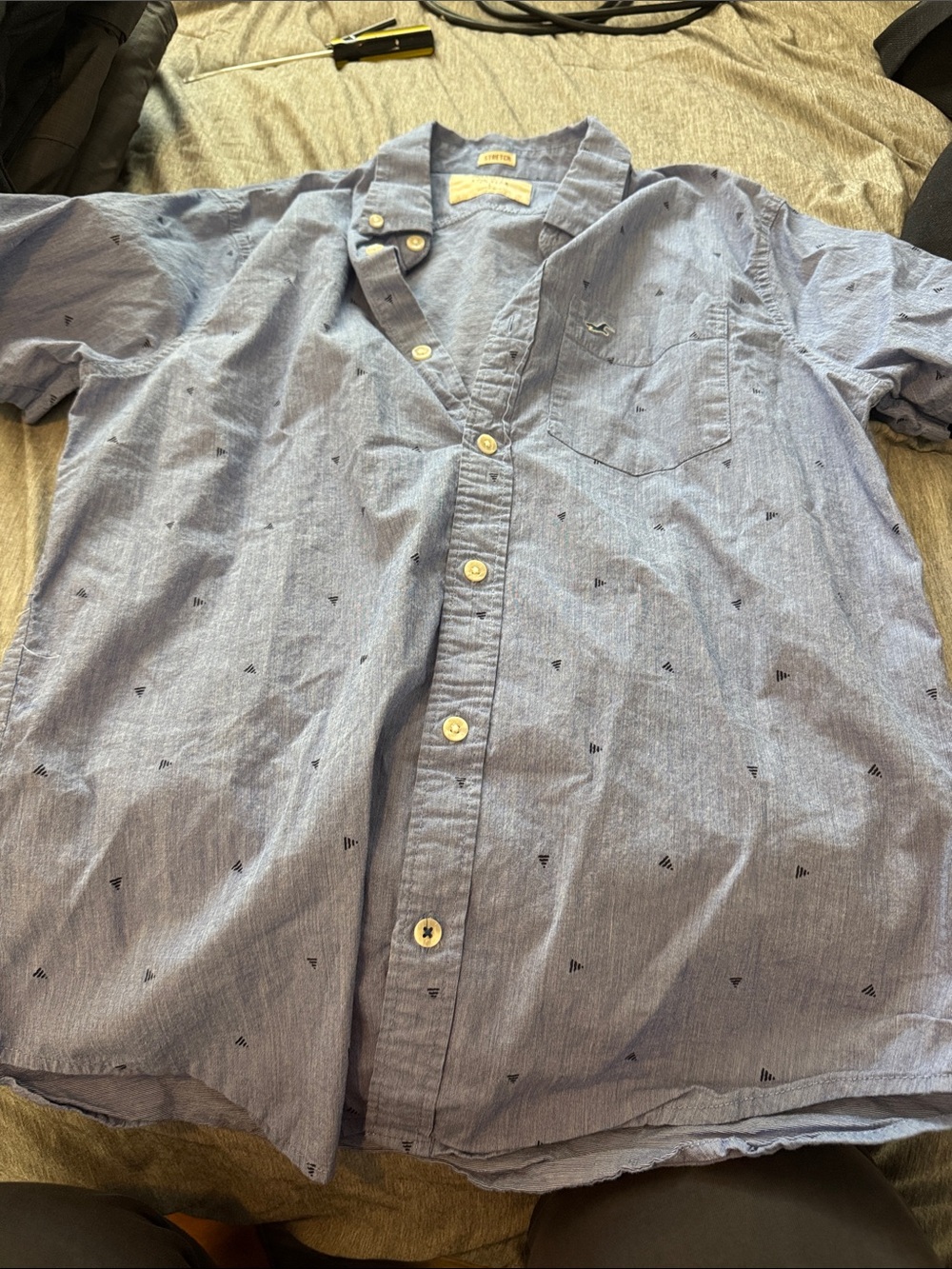 Hollister Light Blue Short-Sleeve Button-Down with Micro Triangle Print